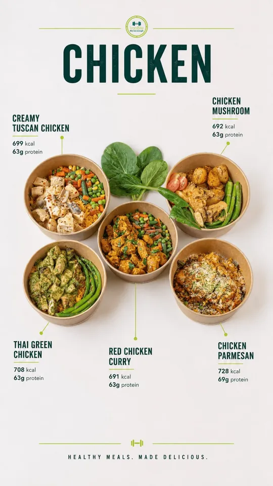 Chicken menu: Creamy Tuscan Chicken, Chicken Mushroom, Thai Green Chicken, Red Chicken Curry, Chicken Parmesan
