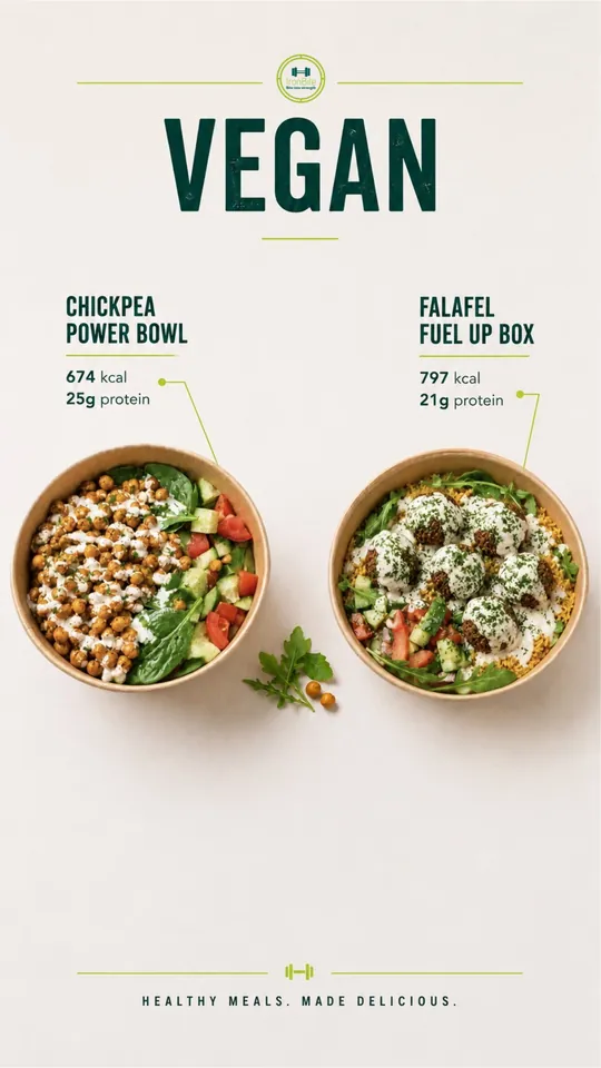 Vegan menu: Chickpea Power Bowl, Falafel Fuel Up Box